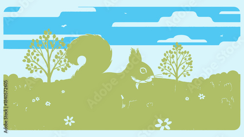 A stylized illustration of a squirrel in a grassy field with trees and a blue sky with clouds.