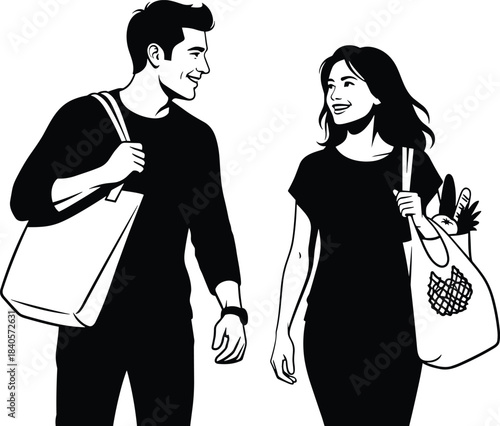 Silhouette of smiling man and woman walking with shopping bags, casual couple lifestyle illustration, grocery shopping concept, friendly interaction, isolated black figures on white background
