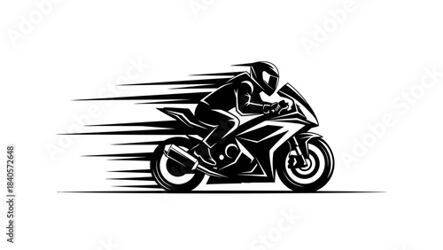 A dynamic black and white illustration of a speeding sport motorcycle with a helmeted rider, showing motion blur.
