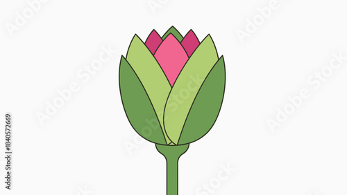 A stylized illustration of a closed lotus flower bud with pink petals peeking out from green sepals.