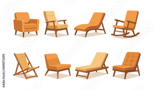 Chair collection, various styles and types, flat vector illustration