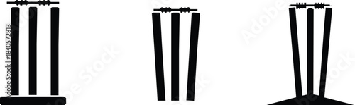 Black Cricket Wicket Stumps and Bails Vector Icon Set. 