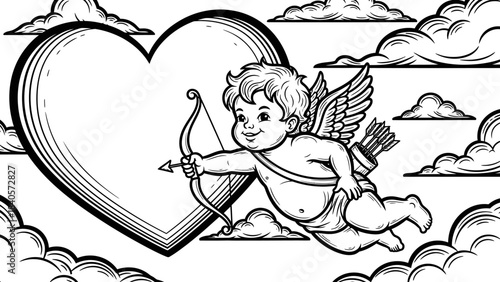 Black and white engraving style illustration of Cupid flying with bow and arrow towards a large heart in the sky surrounded by clouds.