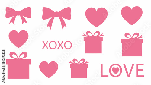 Pink silhouettes of hearts, bows, gift boxes, and text "XOXO" and "LOVE" on a white background, symbolizing romance and affection.