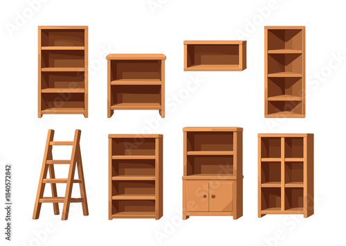 Wooden furniture set, flat vector illustration, bookshelves, storage, design elements