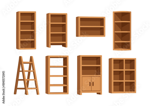 Bookshelf and cabinet collection, flat vector illustration, wooden, furniture, storage