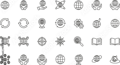 Vector illustration set of global icons including navigation symbols, update arrows, world map elements, connection networks, compass signs, magnifier search and travel concepts.
