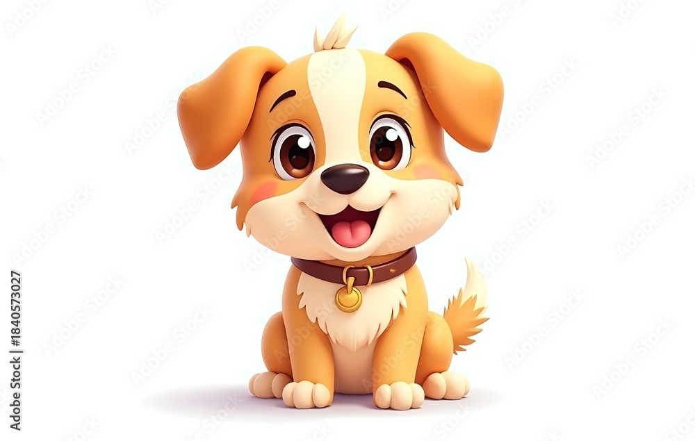 Naklejka premium Delightful golden furry canine creature digital art smiling happy pet with expressive round eyes collar and tail