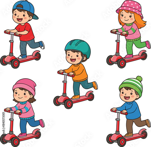 Illustration of happy children riding scooters in different outfits, showing outdoor activity, fun exercise, healthy lifestyle, playful movement, and energetic childhood moments