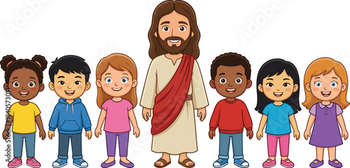 Illustration of Jesus standing with diverse happy children, symbolizing love, unity, faith, teaching, kindness, inclusion, spiritual guidance, and positive Christian values