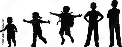 Silhouettes of children in various ages and poses, growing stages illustration, playful kids standing running and jumping, childhood development concept isolated on white background