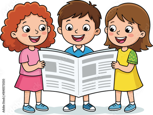 Illustration of three happy children reading a large newspaper together, promoting teamwork, learning, communication, curiosity, education, literacy, and collaborative childhood exploration