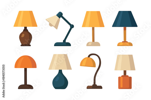 Table and desk lamps set, lighting, home decor, flat vector illustration