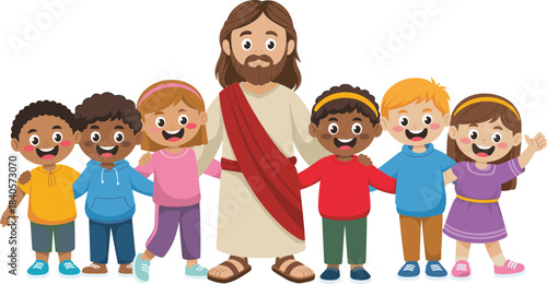 Jesus surrounded by diverse happy children holding hands, teaching love and kindness, building faith, friendship, unity, guidance, joyful togetherness community
