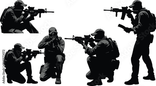 Silhouettes of armed soldiers in tactical poses, aiming rifles, kneeling and standing positions, military training illustration, special forces action, isolated black combat figures