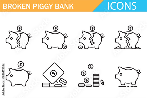 Broken piggy bank icon set for financial loss savings risk and money concepts