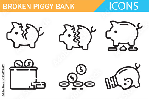 Financial crisis and savings damage piggy bank icon set isolated on white
