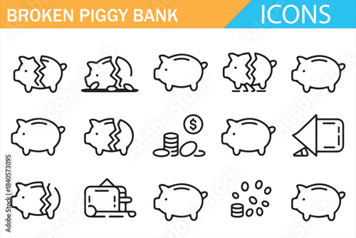 Broken piggy bank icon set showing savings loss money damage and financial risk symbols in outline vector style isolated on white background for business and finance design