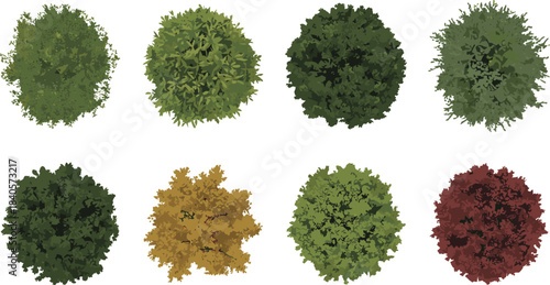 Top-down vector collection of eight leafy tree crowns in varied seasonal colors, perfect for landscape plans, maps, gardens, and design