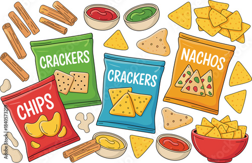 Colorful cartoon snack assortment with chips, crackers, nachos and dipping sauces, fun food illustration for snack packaging and fast-food design