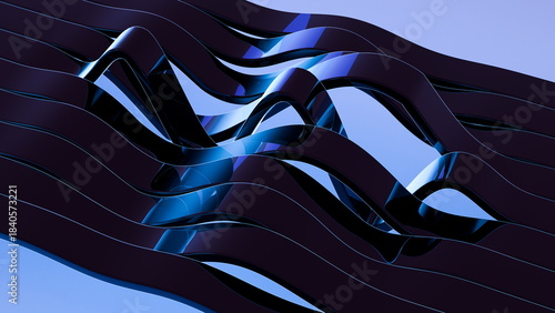Curved shapes made from dark material move in waves, standing out against a light blue background. This visual displays contrasts between lines and curves in a creative space. 3d render