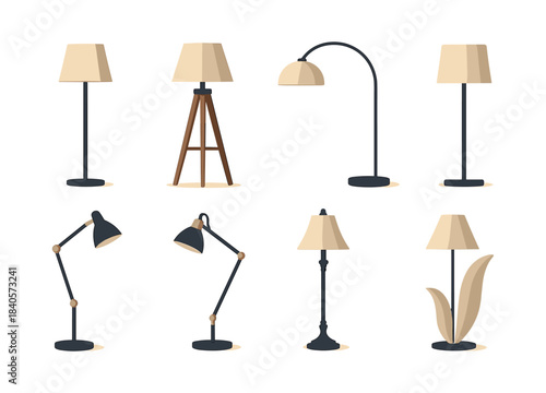 Lamp collection, floor, desk, lighting, flat vector illustration, home decor