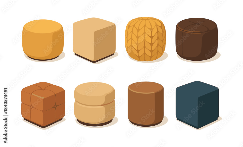 Obraz premium Cozy ottomans set, flat vector illustration of footstools and poufs