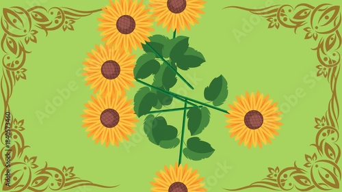 draw scenery of various sunflower decorate with golden frame on green screen background
