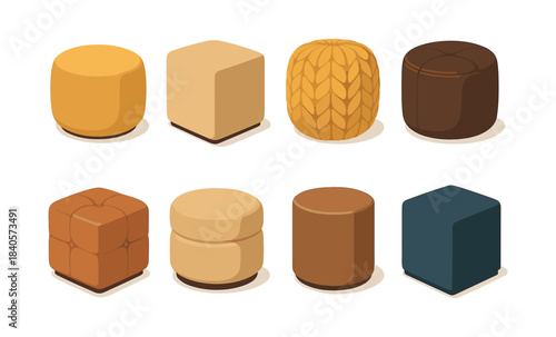 Cozy ottomans set, flat vector illustration of footstools and poufs