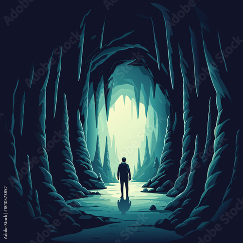 A lone figure stands at the entrance of a mysterious cave.