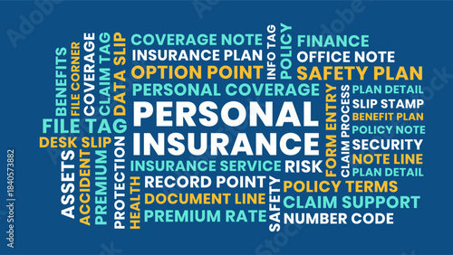 Personal insurance word cloud for presentations and marketing, personal insurance word cloud on blue background