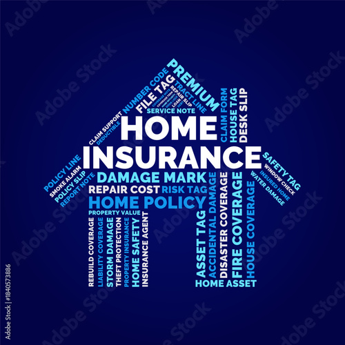Home insurance word cloud for presentations and marketing, home insurance word cloud in house shape