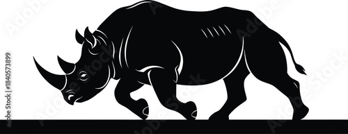Vector line art of a powerful rhinoceros with skin and muscle detail, walking or charging, detailed African wildlife animal symbol or tattoo.