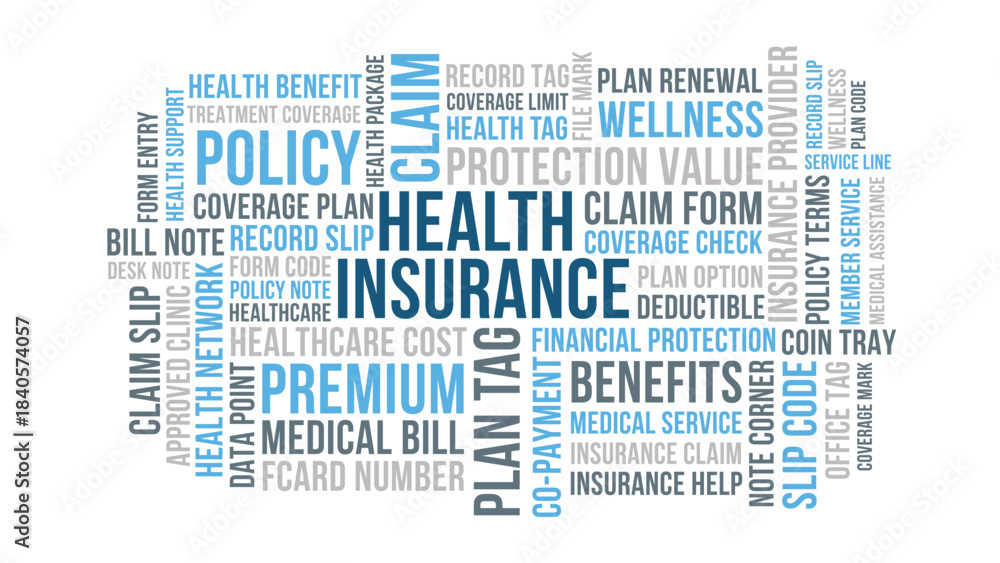 Fototapeta premium Health insurance word cloud design, health insurance benefits and treatment coverage theme in clean layout