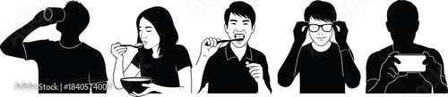 Silhouettes of people eating, drinking, brushing teeth, adjusting glasses, using smartphone, daily routine actions, human activity poses, isolated black figures on white background
