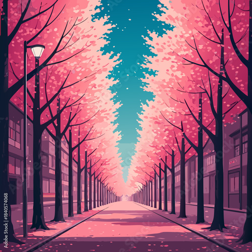 Cherry Blossom Avenue A Serene Urban Springscape.