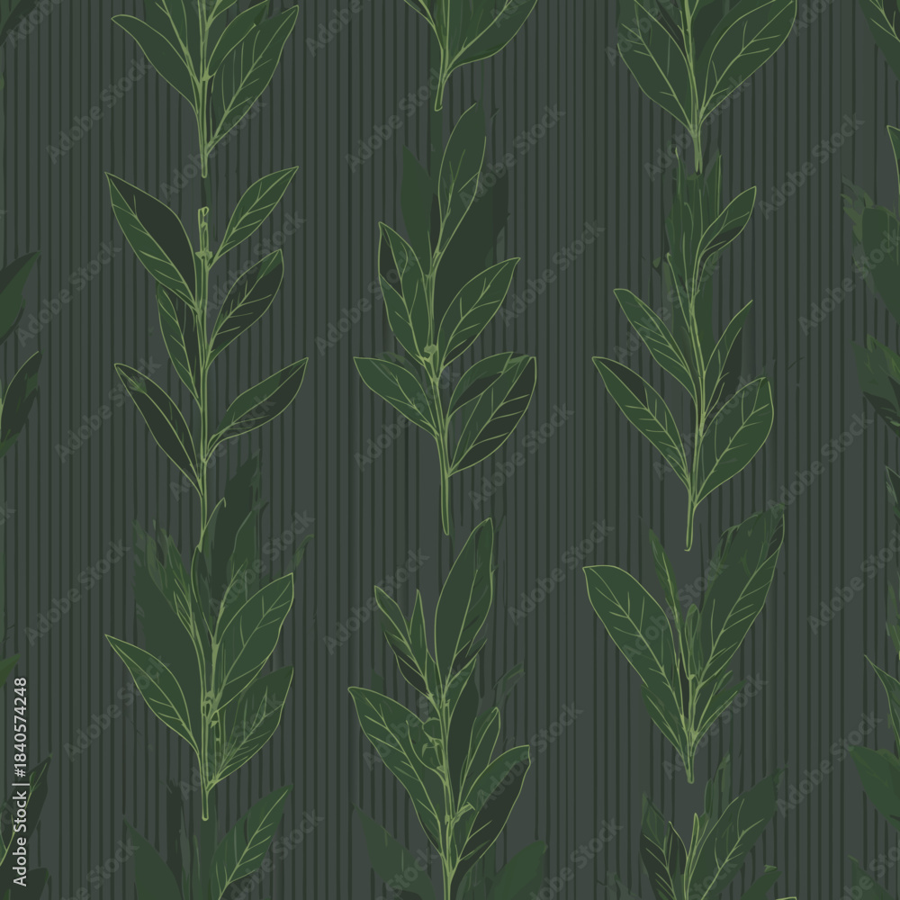 Naklejka premium Elegant Green Leaf Pattern on Striped Background Wallpaper.