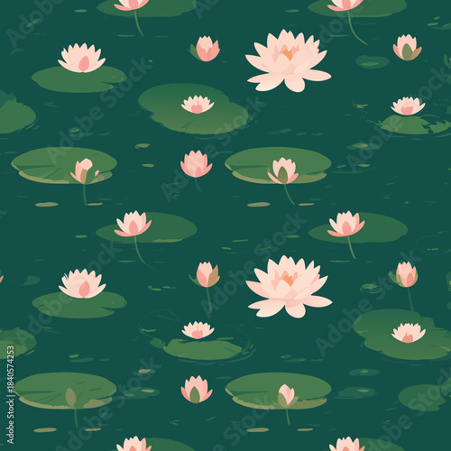 Elegant Water Lilies Floating on a Serene Pond Surface.