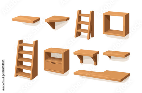 Wooden shelf collection, flat vector illustration with racks and organizers