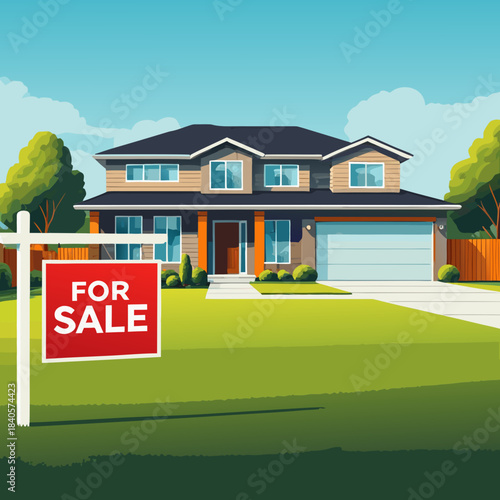 Illustration of a House for Sale with Sign on the Lawn.