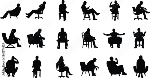 Silhouettes of people sitting in various chair poses, relaxed, talking, thinking, expressive seated body positions, isolated black figures, lifestyle posture illustration set
