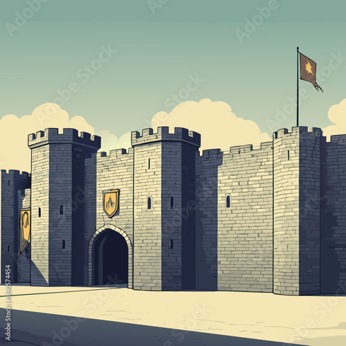 Illustration of a Medieval Castle with a Flag and Coat of Arms.