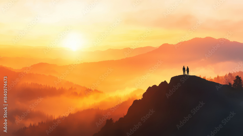 Fototapeta premium Breathtaking sunset view over mountains, featuring two silhouettes standing on rocky outcrop, surrounded by mist and vibrant colors