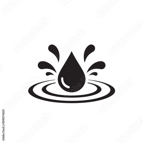 Water drop icon with ripples and splashes for ecology and conservation, minimalist vector symbol