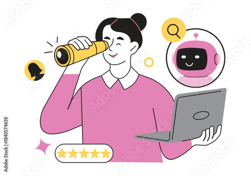Hiring human recruitment vector illustration. Woman exploring digital future with ai chatbot assistance and laptop, symbolizing online search, discovery, and service evaluation.