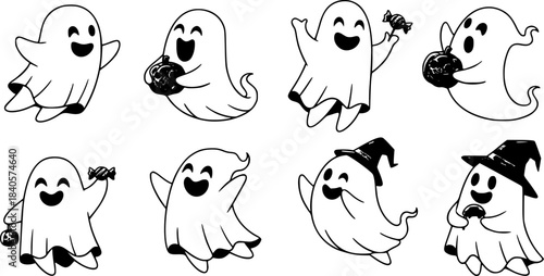 Collection of playful halloween ghosts vector illustration for festive designs and creative projects 