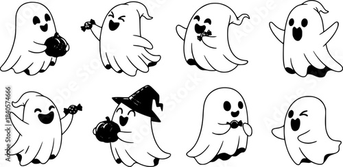 Collection of playful halloween ghosts vector illustration for festive designs and creative projects 