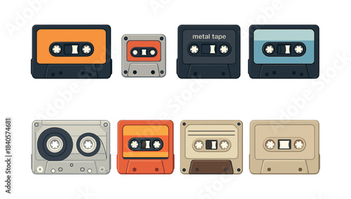 Retro cassette collection, flat vector illustration of vintage tapes and music