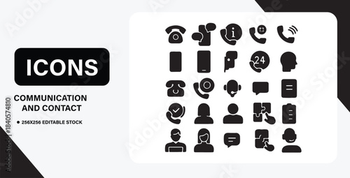 Collection of black and white communication and user interface icons