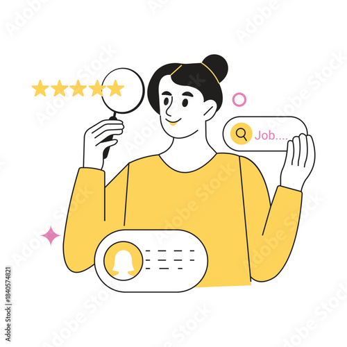Job search and recruitment vector illustration. Woman searching for job opportunities online, evaluating profiles and ratings using a magnifying glass icon.
